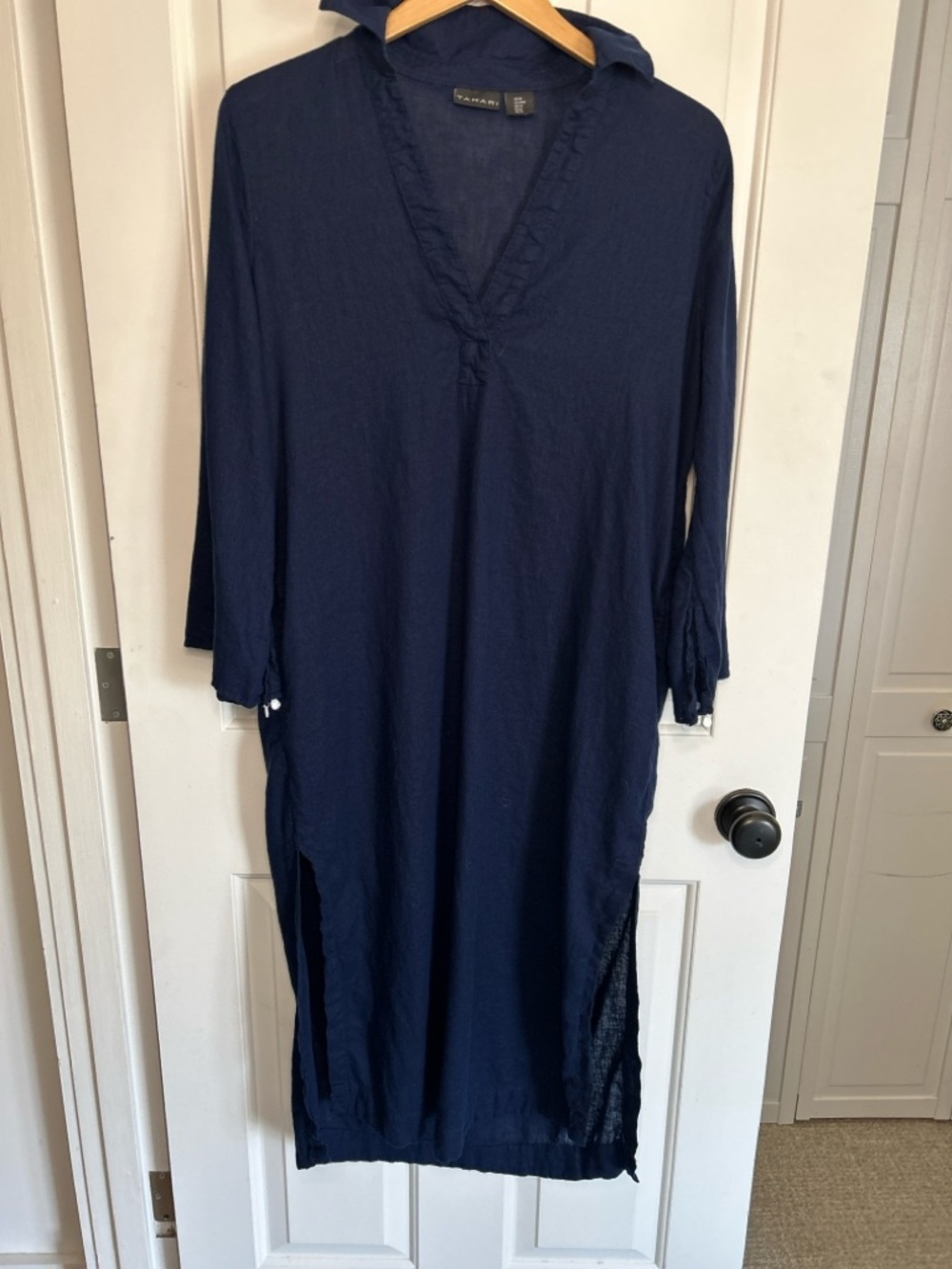 Tahari Navy collared V‑Neck Tunic sun dress - pockets! - side pockets - medium